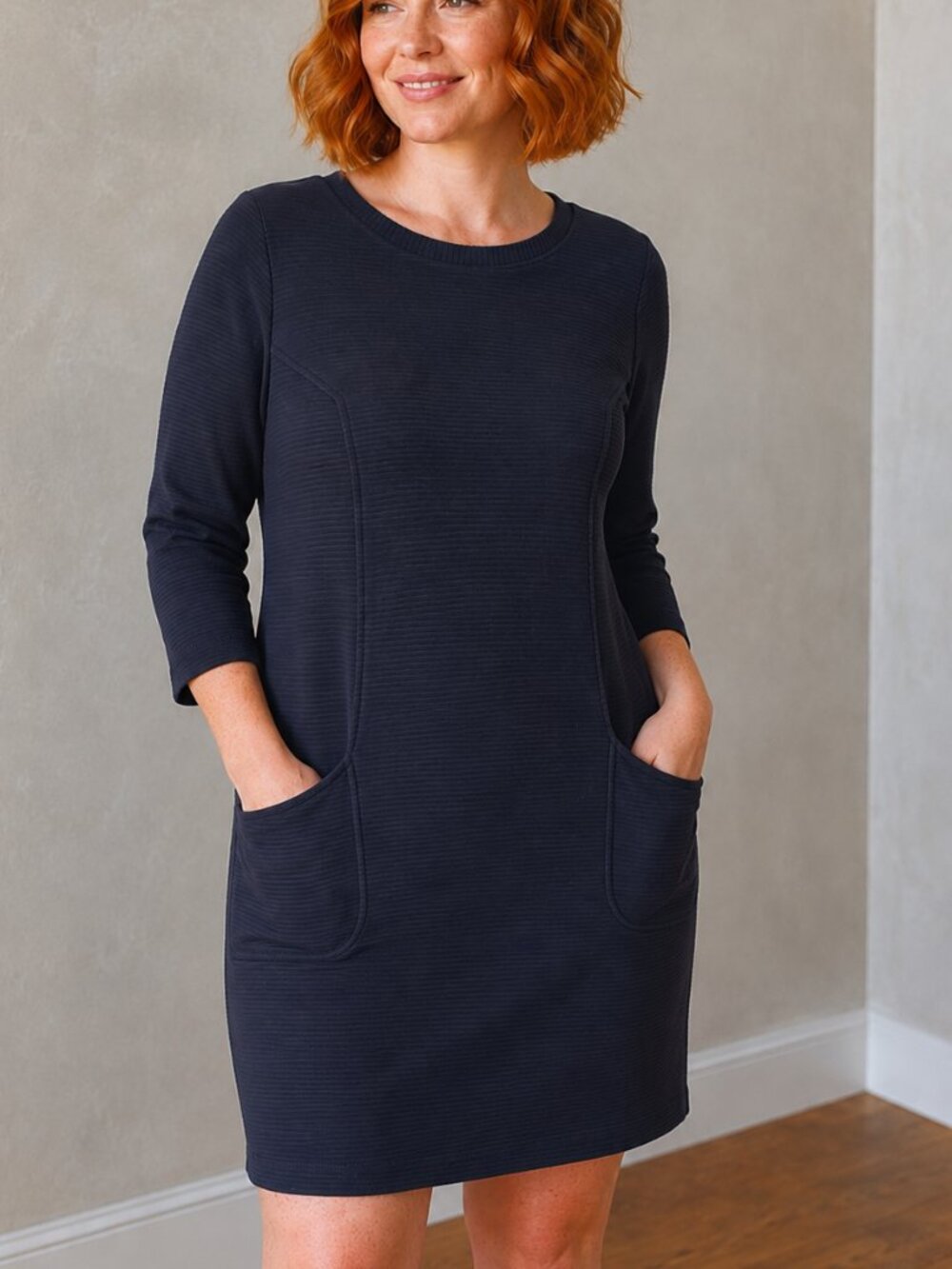 BODEN Nessa Ottoman Black Shift Dress 3/4 Length Sleeve Ribbed Pockets Size 12
